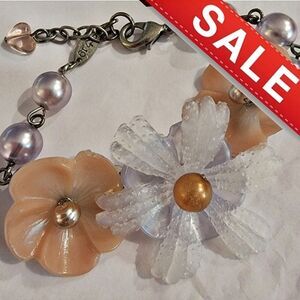 Sabika SS19 White Coral Resin Flowers Silver Pearl Beads Bracelet